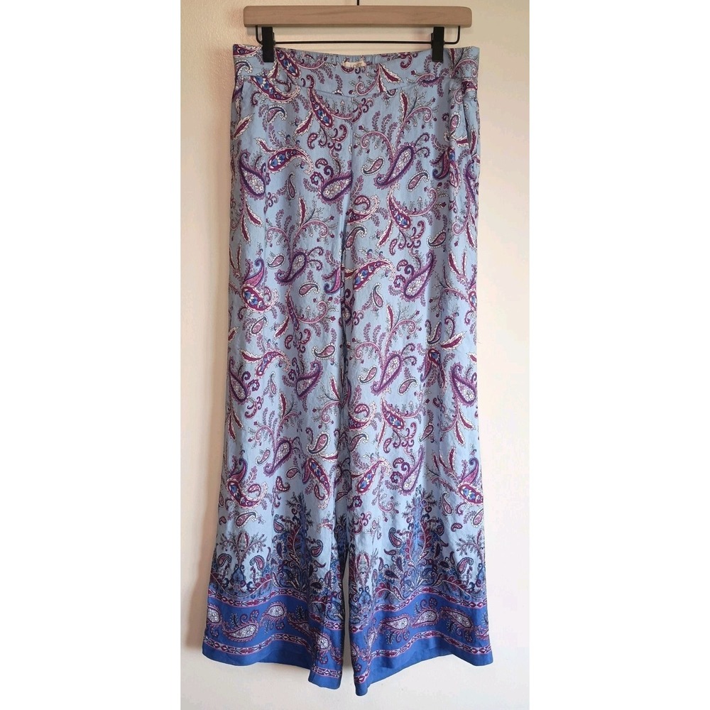 LOFT Paisley Palazzo Wide Leg Pants M Linen Blend Blue Pink Boho Border Print